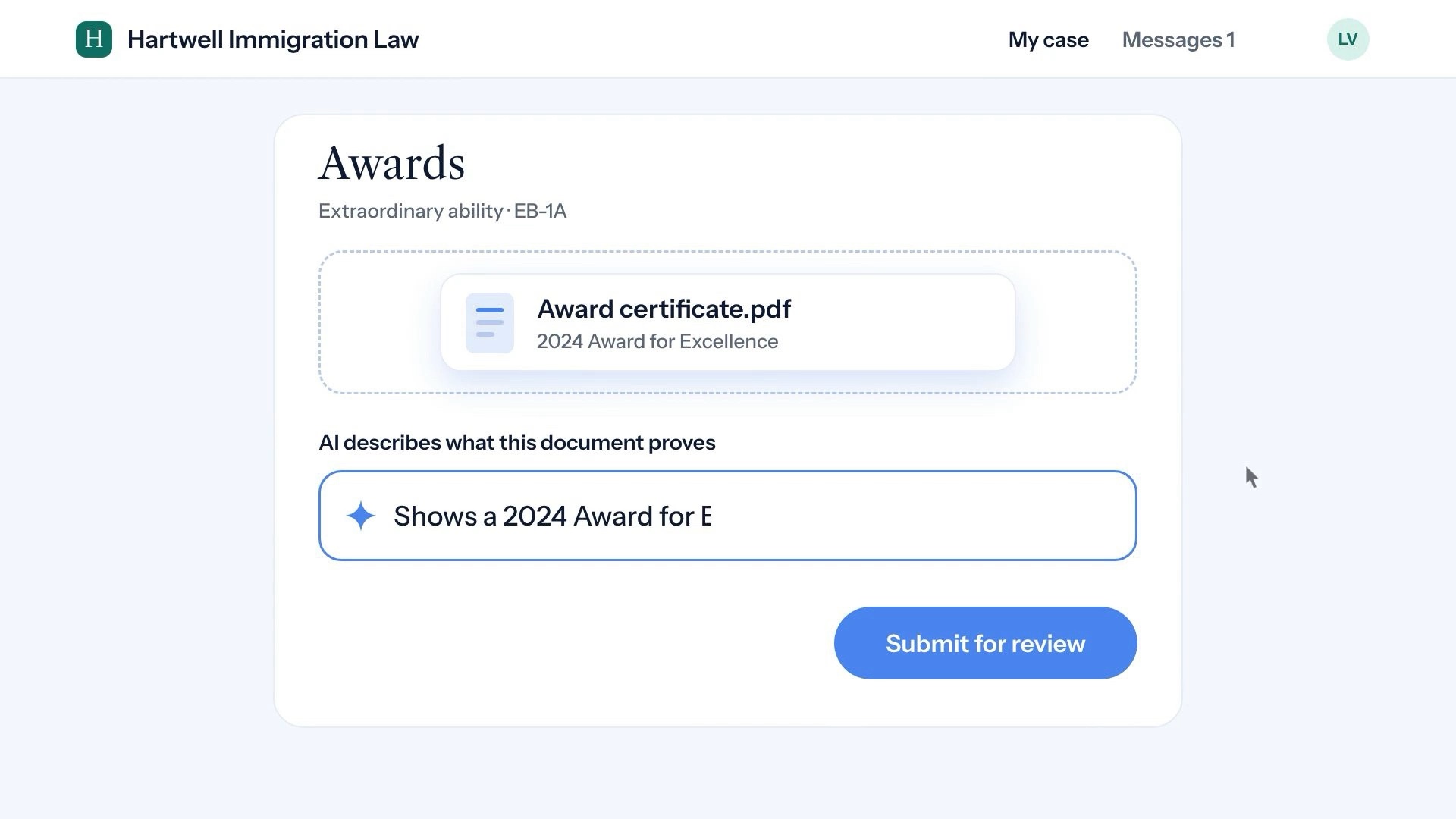 The client portal asking for an award certificate
